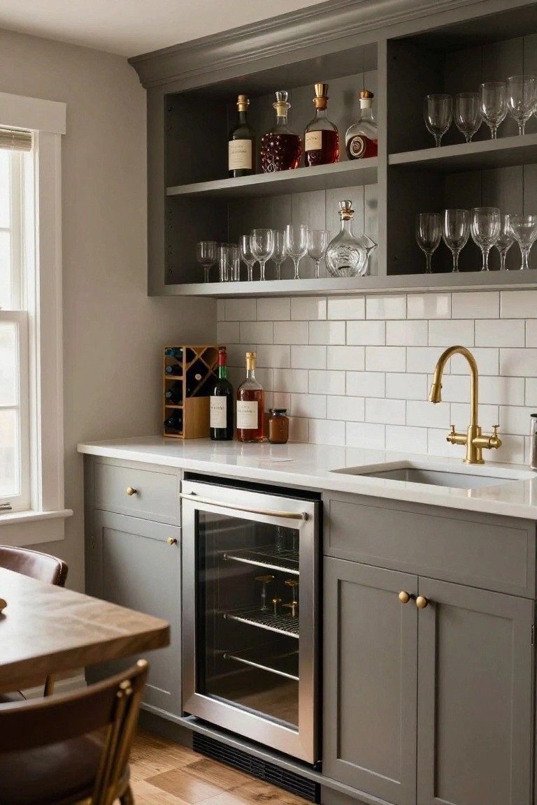 Gray shaker-style kitchen cabinets with open upper shelves displaying liquor bottles, decanters, and glassware, white subway tile backsplash, gold gooseneck faucet over sink, undercounter stainless steel beverage fridge, wood wine rack on white quartz countertop, and nearby wooden dining table with upholstered chairs.