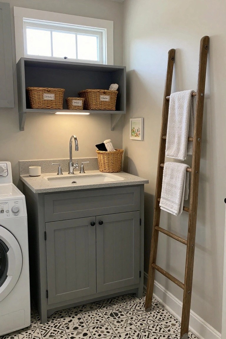 Laundry room with white front-load washer, gray shaker-style cabinets under a sink with faucet, overhead open shelves holding labeled wicker baskets, under-cabinet lighting, wooden ladder towel rack with white towels draped over rungs, and black-and-white patterned tile floor.