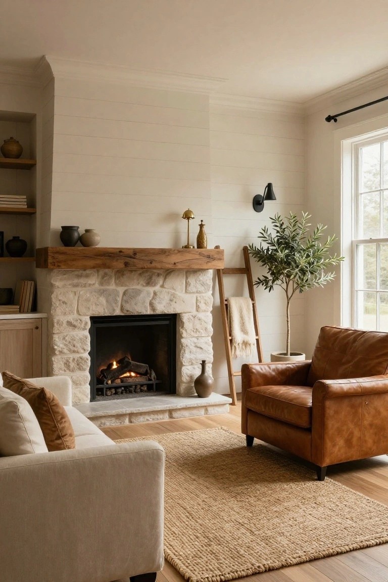 Living room with light stone fireplace under thick wooden mantel, burning fire, beige sofa with rust pillows, tan leather armchair, olive tree in corner, neutral walls, wood floors, and jute rug.