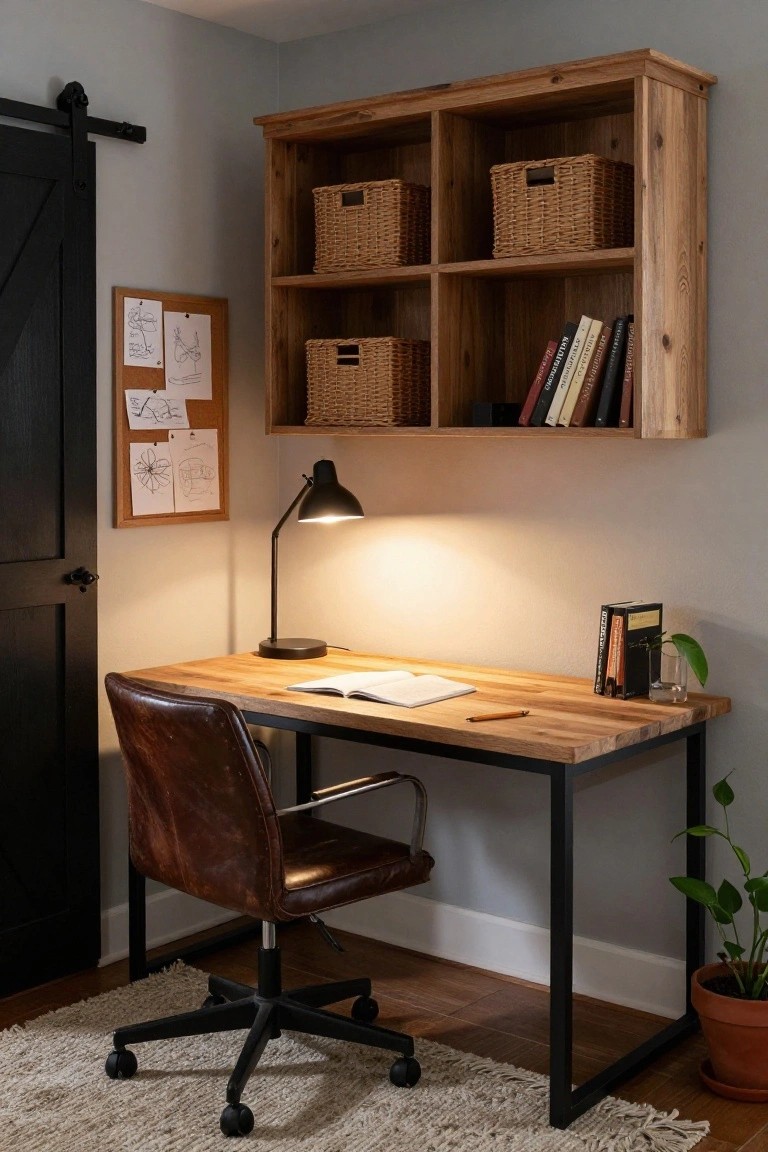 Home office nook with light wood butcher block desk on black metal legs, brown leather swivel chair, wooden wall shelves holding wicker baskets and books, adjustable black desk lamp lit up, corkboard with sketches, potted plant, and black barn-style sliding door.