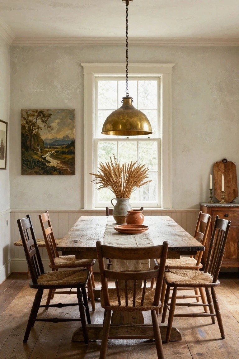 Dining room with rectangular wooden table, wooden chairs featuring woven cane seats, brass pendant light hanging above, painting on wall, wheat in vase, and window with natural light.