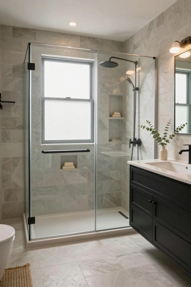 Walk-in glass shower with two built-in tiled niches holding soap bars, matte black showerhead and handheld sprayer, adjacent black vanity with white sink, toilet, and light gray porcelain tile walls and floor in a modern bathroom.