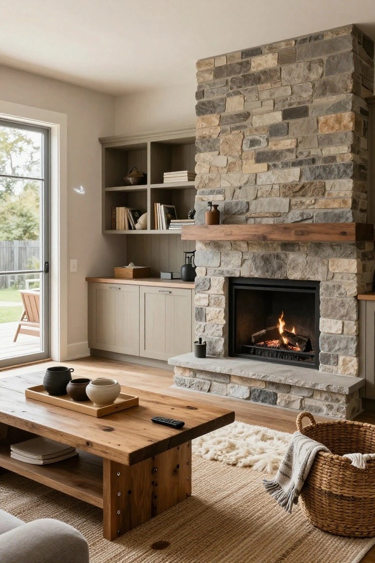 Living room interior with a tall stacked stone fireplace, wooden coffee table on layered rugs, neutral built-in cabinets, and sliding glass doors opening to a backyard patio.