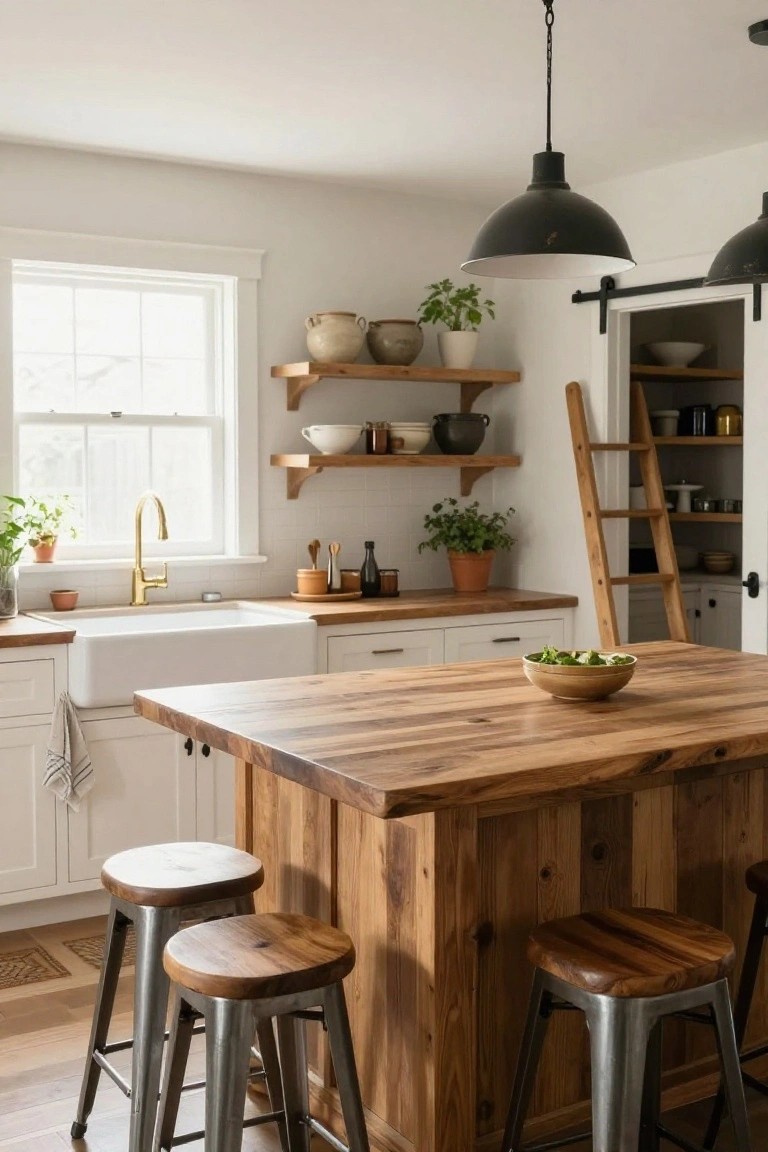 Rustic modern farmhouse kitchen with white shaker cabinets, wooden island topped with a bowl of greens and surrounded by metal bar stools, brass faucet farmhouse sink, open wood shelving, and ladder pantry.