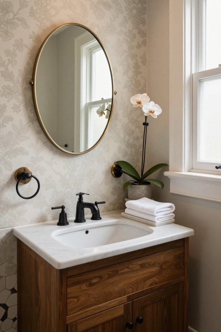 Bathroom vanity cabinet in warm wood with white marble top and oval sink, matte black bridge faucet and towel ring, gold-framed oval mirror above, white orchids and folded towels on floral-patterned wallpaper wall.
