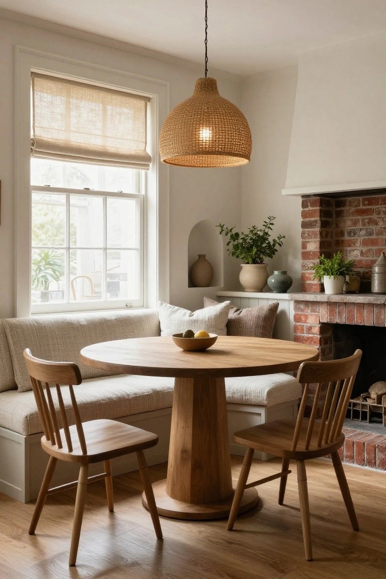 Cozy indoor dining nook with beige built-in booth seating around a round wooden pedestal table, two matching wooden chairs, rattan pendant light overhead, plants on shelves, and brick fireplace in the corner.
