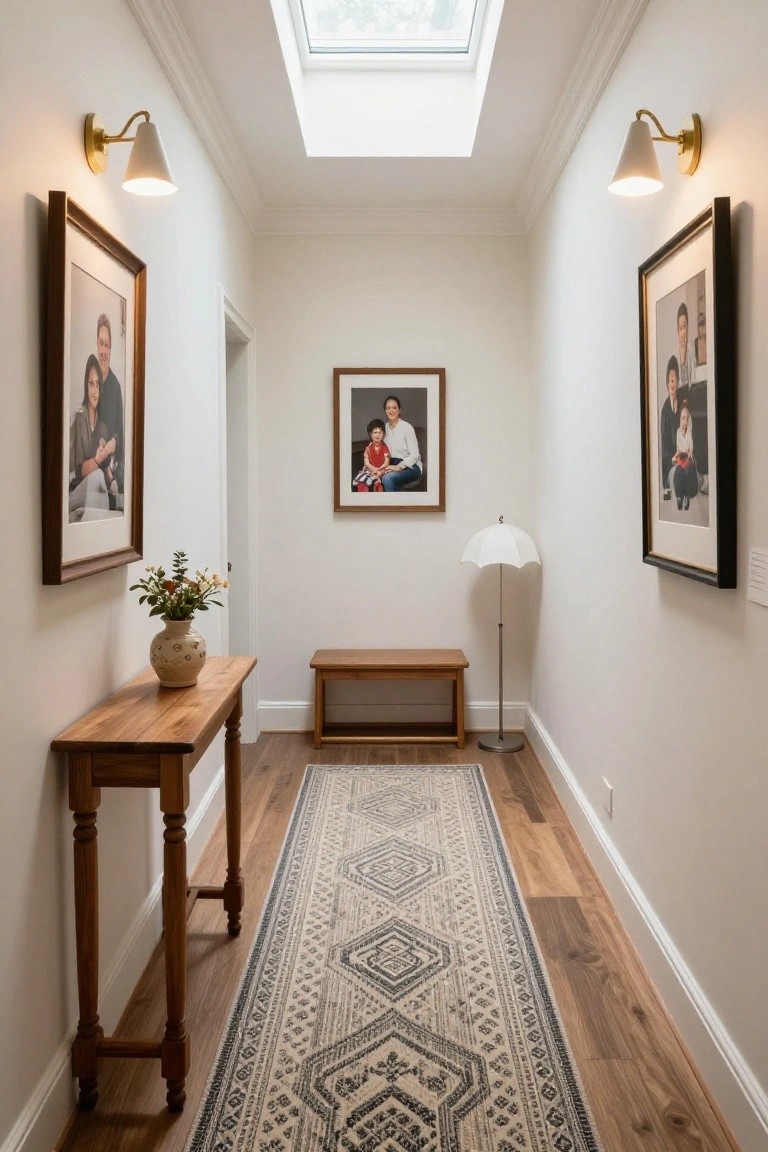 White narrow hallway with wooden console table and vase on one side, wooden bench opposite, family photos in frames on walls, patterned runner rug on wood floor, wall sconces, umbrella floor lamp, and skylight in ceiling.