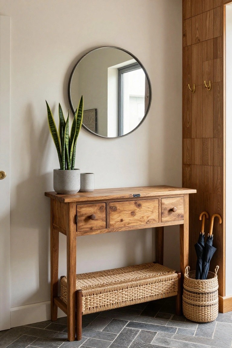 Wooden console table with three drawers and a lower shelf holding a woven basket in a light-colored entryway corner, featuring a round mirror, snake plant in gray pot, small white vase, umbrella stand with black umbrellas, and wooden wall panels with hooks.