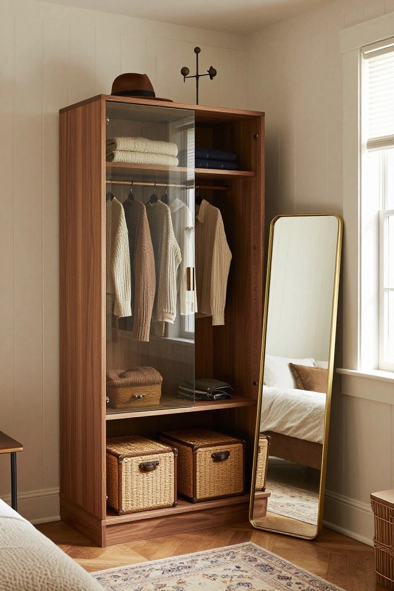 Tall wooden wardrobe with glass-fronted upper section displaying hanging beige and cream knitwear on one side and a blue shirt on the other, open lower shelves holding two wicker baskets, positioned next to a tall gold-framed mirror in a beige bedroom with parquet flooring.