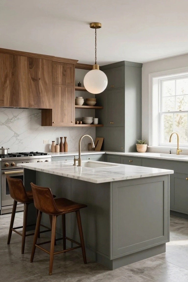 A transitional kitchen with walnut upper cabinets, sage green lower cabinets and island, white marble countertops, gold faucets, and two tan leather bar stools with wood legs at the island.