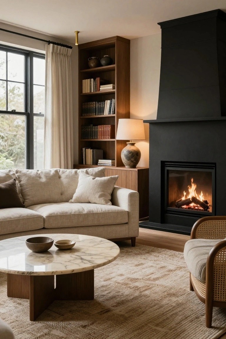 Living room with cream fabric sofa, round white marble coffee table on dark wood crossed legs holding ceramic bowls, rattan armchair with cushion, tall black fireplace, wooden bookcases, table lamp, and large window with sheer curtains.