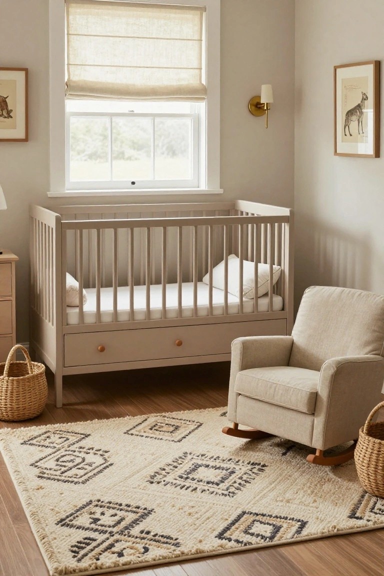 A light beige nursery room with a wooden slatted crib containing a mattress and pillow plus underbed drawers, a beige fabric rocking chair, geometric woven rug, wicker baskets, dresser, lamp, and framed animal prints on walls.