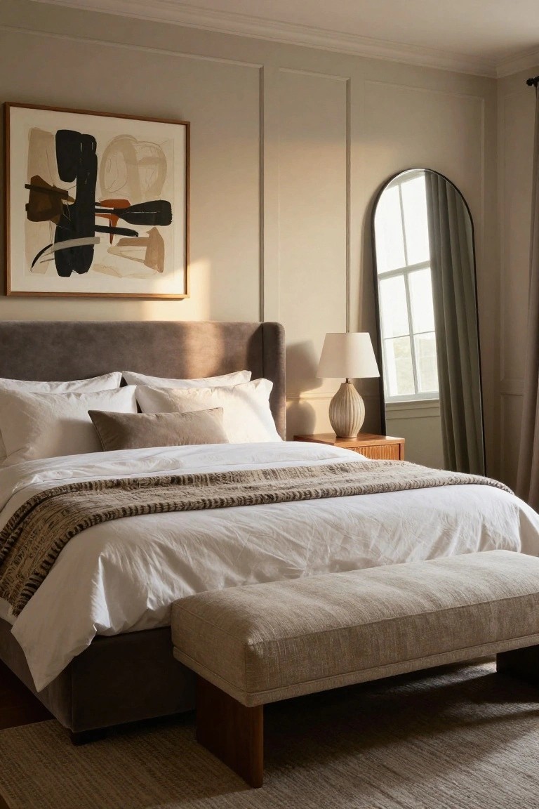 A bedroom featuring a gray velvet upholstered headboard on a bed with white sheets, layered pillows, and a textured throw, a beige linen bench at the foot, a wood nightstand with ceramic lamp, arched black mirror by a window with green curtain, abstract artwork on beige paneled walls, and a seagrass rug.