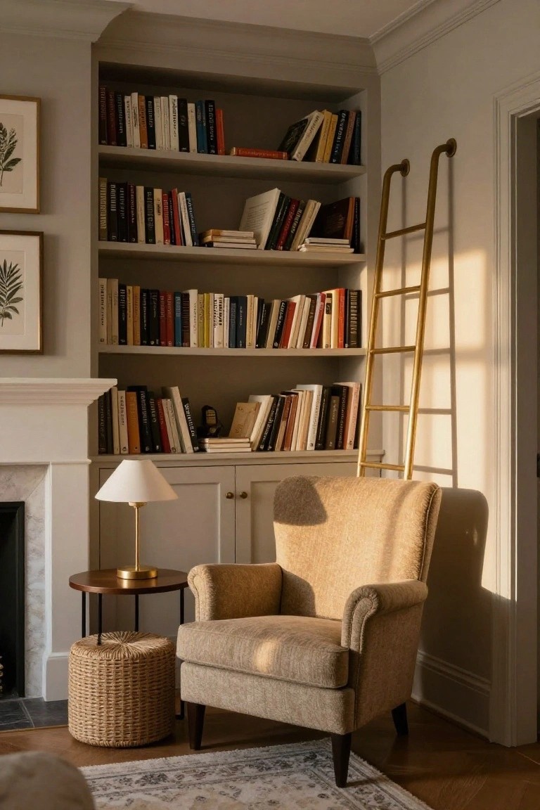 Interior corner featuring tall built-in bookshelves filled with books, brass rolling ladder, beige textured armchair, woven pouf, small table with lamp, and white fireplace.