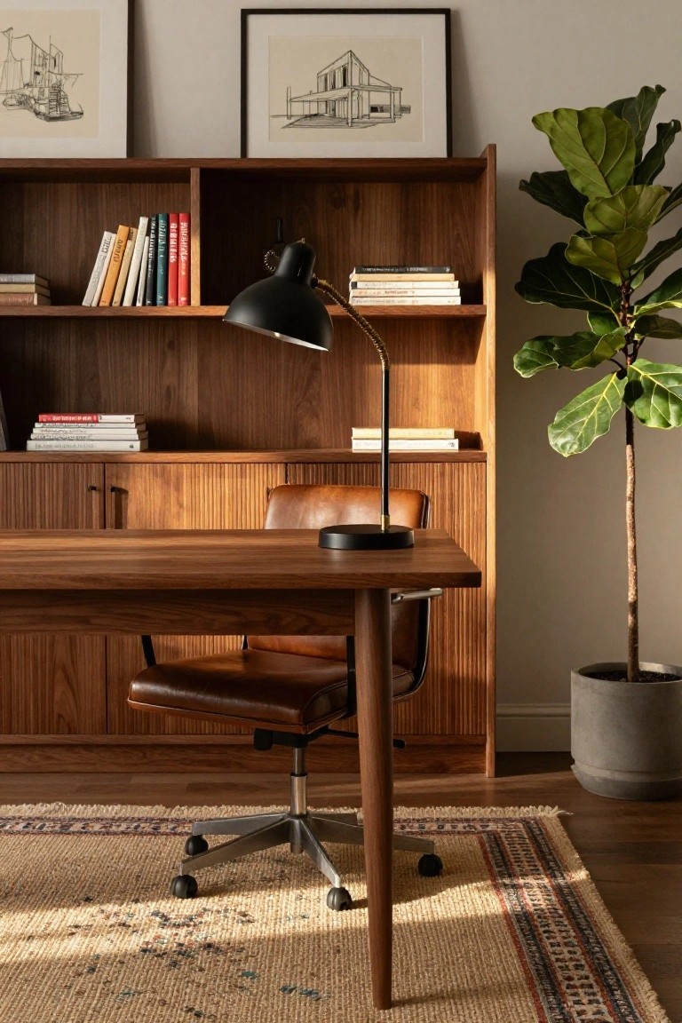 Home office with walnut desk, tan leather chair on casters, matching walnut bookshelves holding books and a black desk lamp, large fiddle leaf fig plant in gray pot, and patterned rug on hardwood floor.