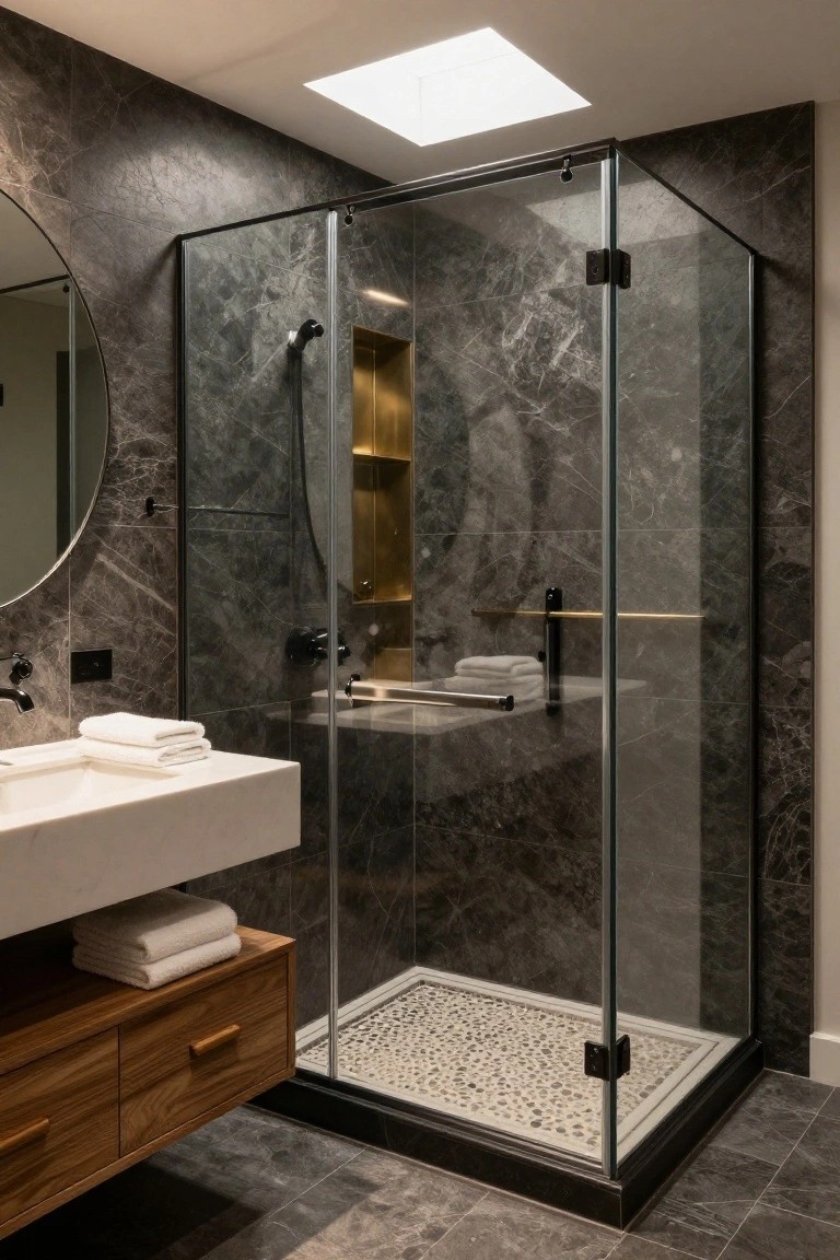 Modern bathroom with dark gray marble walls and floor, frameless glass shower enclosure with pebble tile floor and gold niche shelf, white floating vanity on light wood base with drawers, black faucets, folded white towels, and round wall mirror.