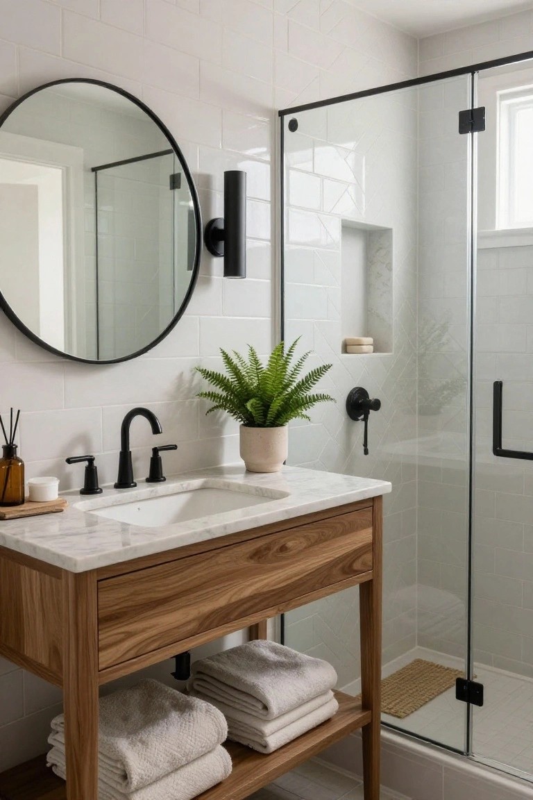 A bathroom with white subway tile walls, a round black-framed mirror, black wall sconce, wooden vanity cabinet with marble countertop and black faucet, potted fern, and glass shower enclosure.