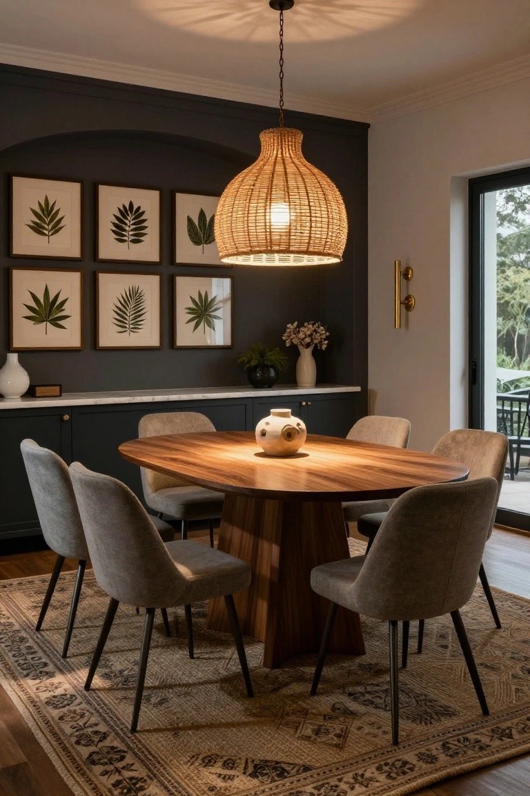Oval wooden dining table with gray upholstered chairs in a transitional dining room, rattan pendant light overhead, botanical leaf prints on dark wall, and glass doors to outdoor patio.