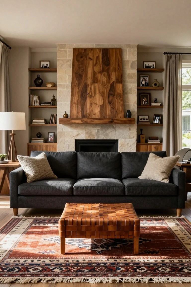 Living room with dark gray sofa, cream textured pillows, woven orange leather ottoman coffee table on red and blue patterned rug, facing stone fireplace with wood surround and shelves on sides.