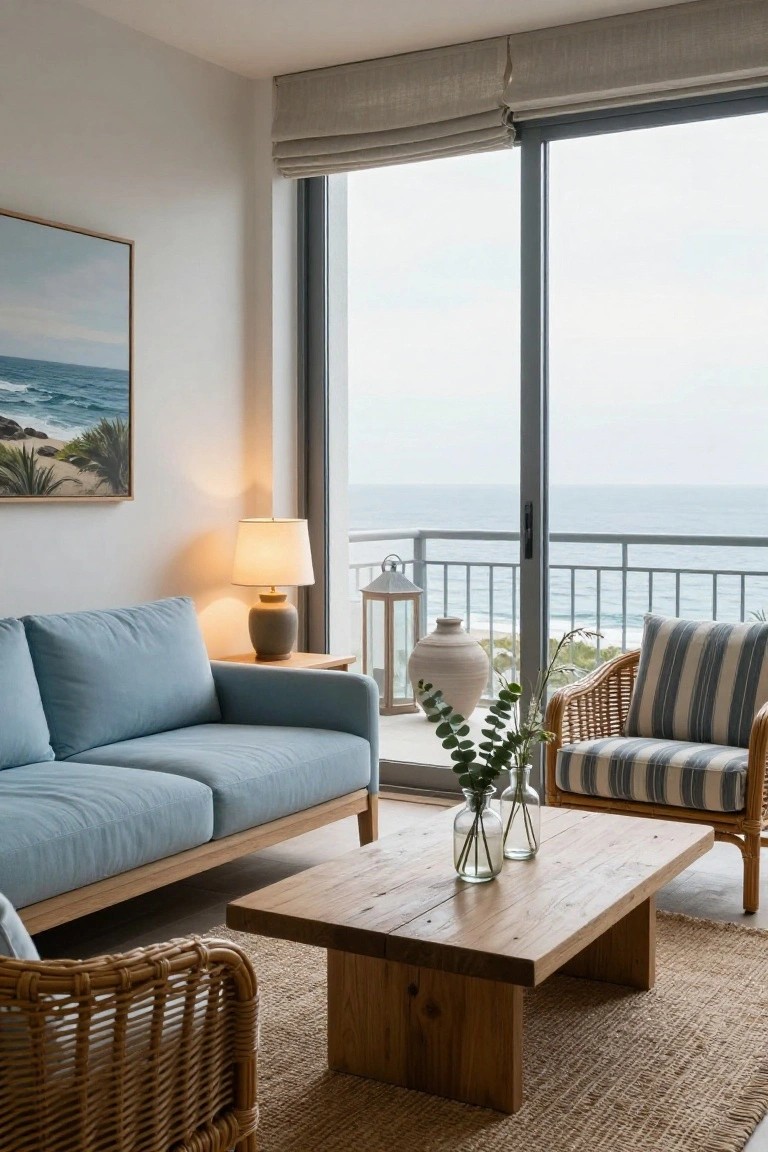Condo living room featuring a light blue sofa, two rattan armchairs with striped cushions, a low wooden coffee table with eucalyptus vases, table lamps, and large sliding glass doors opening to a balcony with ocean view.