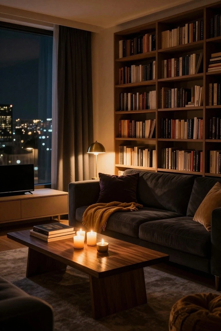 Cozy modern condo living room at night featuring tall wooden bookshelves filled with books, a gray sofa with pillows and blanket, low wooden coffee table with stacked books and lit candles, gold lamp, TV on media stand, and city lights visible through large window with dark curtains.