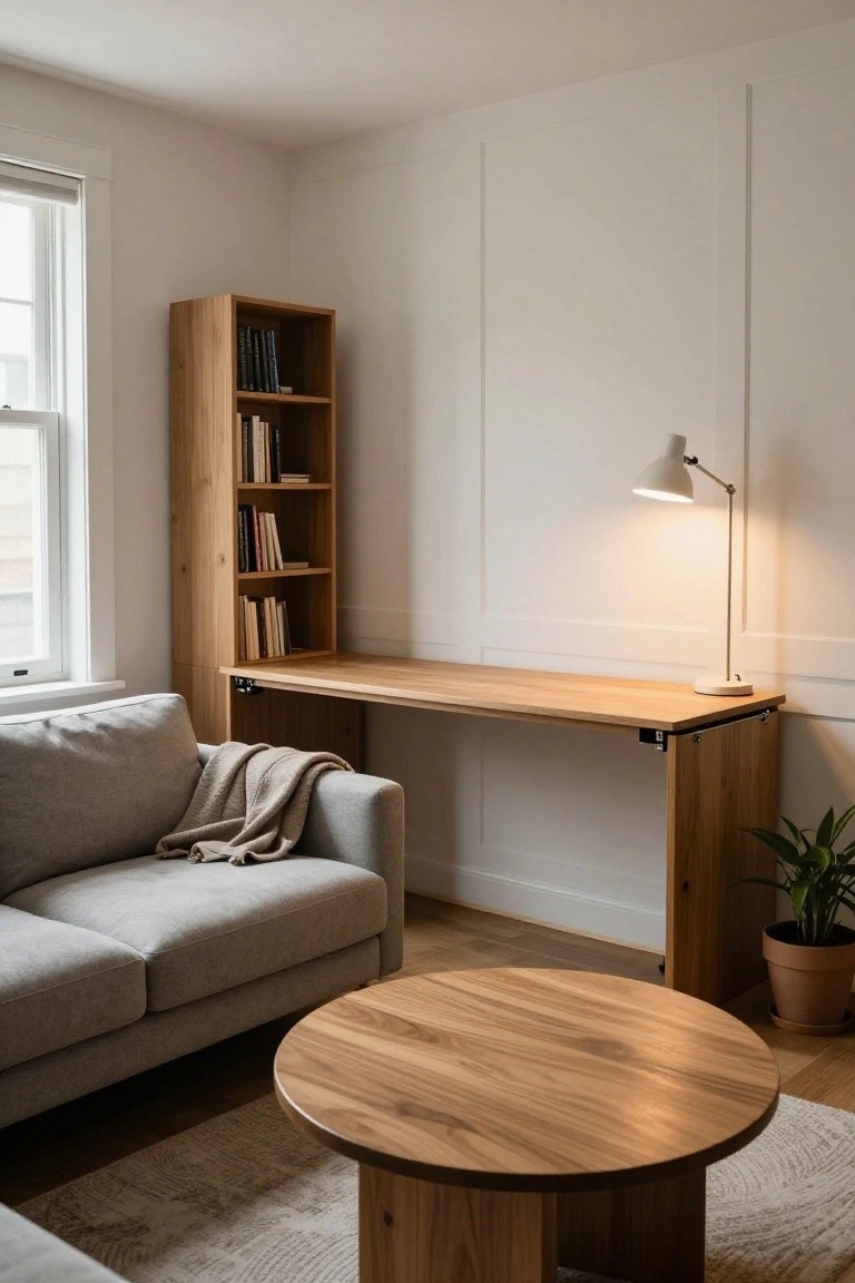 A cozy condo living room corner with tall wooden bookshelf integrated into a desk, gray sofa with throw blanket, round wooden coffee table, desk lamp, and potted plant on light wood floors.