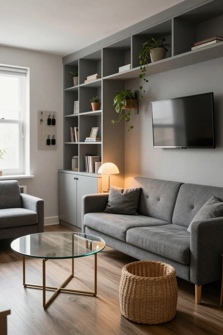 Modern condo living room with extensive gray built-in shelving along walls and ceiling holding books, plants, and storage items, plus a gray sofa, glass coffee table, and wall-mounted TV.