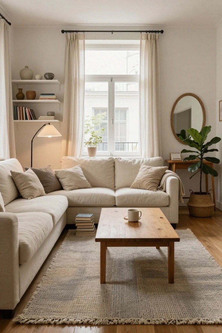 Light-filled living room featuring an L-shaped beige sofa, wooden coffee table with books and mug, seagrass rug, potted plants, floating shelves with ceramics and books, arched floor lamp, round rattan mirror, and large windows with sheer curtains.