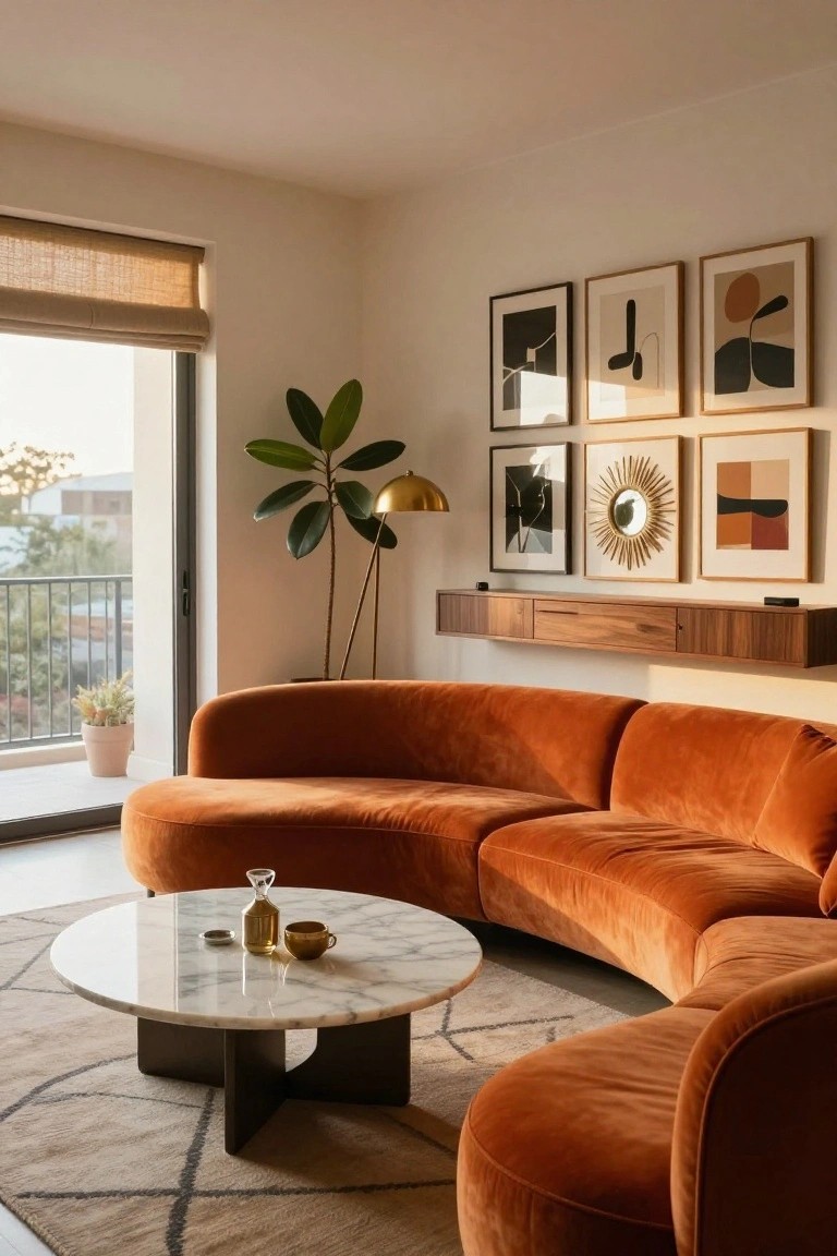 Modern condo living room with large curved burnt orange velvet sectional sofa, round white marble coffee table on black metal base, abstract framed artwork on wooden wall shelf, gold floor lamp, potted plants, and large windows to balcony.