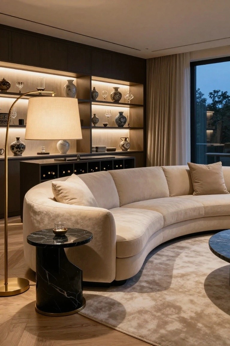 Modern living room with curved cream sofa, black marble side table, tall floor lamp, built-in wooden shelving displaying vases and glassware, wine storage cabinet, beige rug, and large window with curtains overlooking trees.