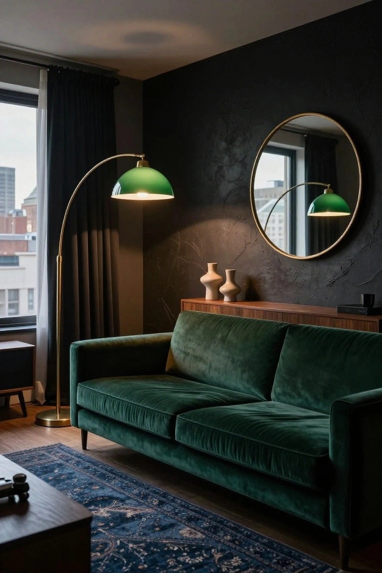 Modern condo living room with emerald green velvet L-shaped sofa, gold arched floor lamp, large round gold mirror on textured dark wall, wooden sideboard holding white vases and books, blue Persian-style rug, and window showing city buildings.