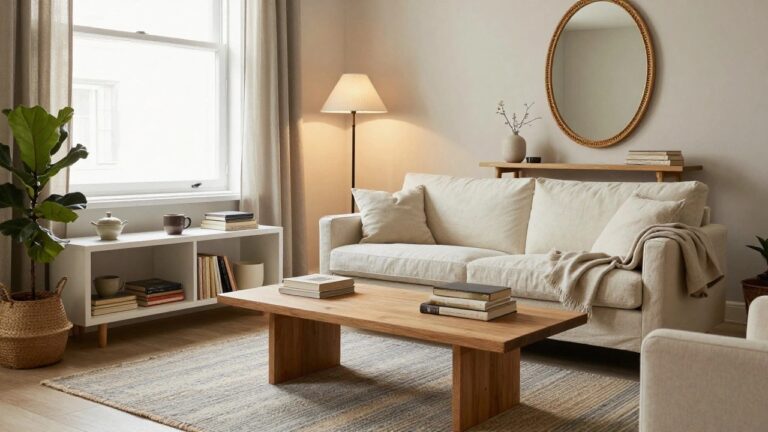 Light-filled living room featuring an L-shaped beige sofa, wooden coffee table with books and mug, seagrass rug, potted plants, floating shelves with ceramics and books, arched floor lamp, round rattan mirror, and large windows with sheer curtains.