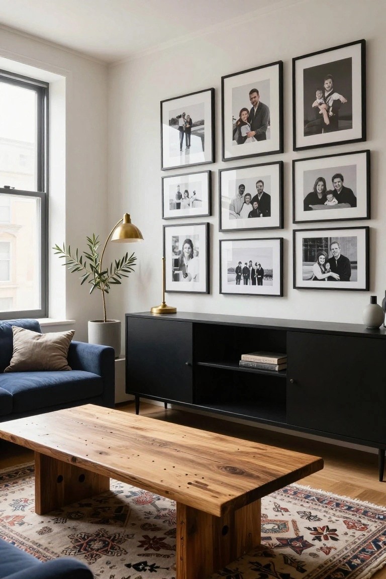 Modern condo living room corner featuring a grid of black-framed family photos on a white wall above a black credenza, with a blue velvet sofa, live-edge wooden coffee table, olive tree in a white pot, gold arc lamp, and beige rug.