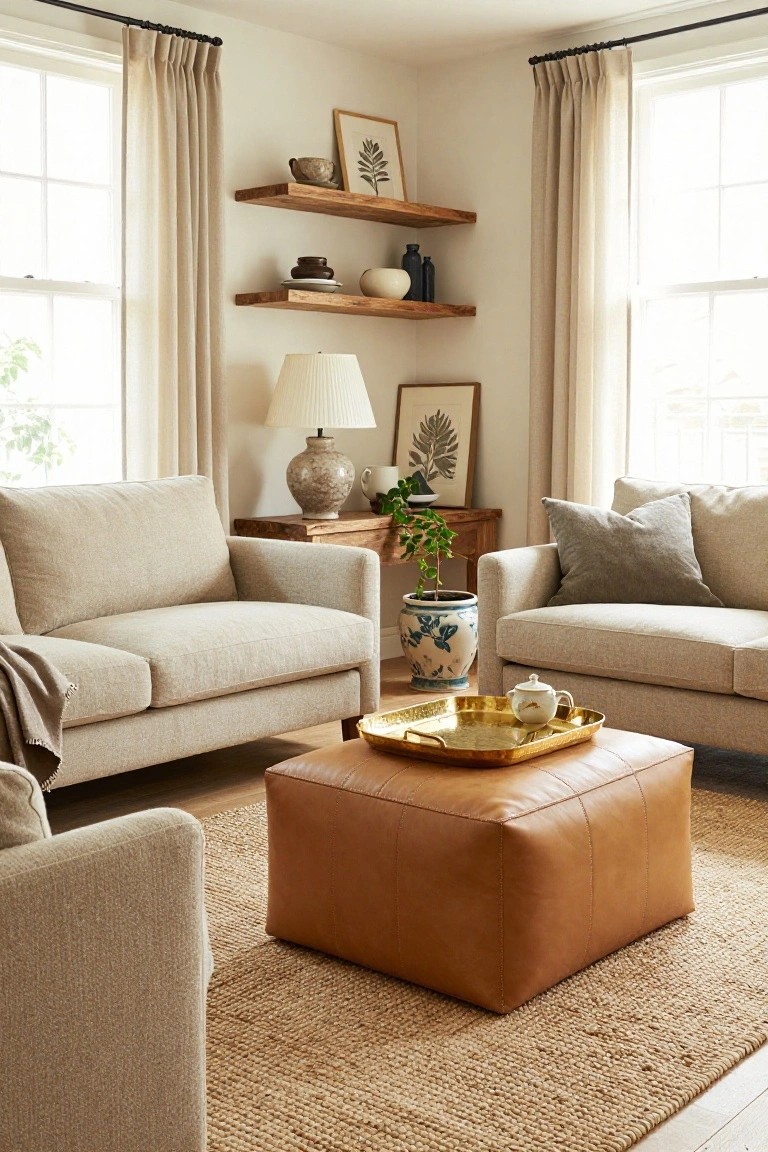 Living room corner with two beige fabric sofas facing a tan leather cube ottoman on a seagrass rug, wooden shelves displaying pottery and plants, large windows with sheer curtains, and side tables with vases.