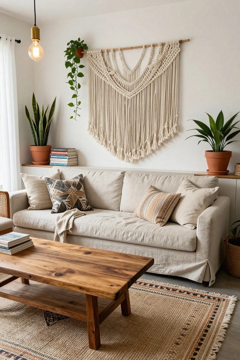 Living room with white walls, large beige macrame wall hanging holding a potted trailing plant, beige linen sofa with pillows, rustic wooden coffee table, potted snake plants on floating shelves, and textured rug.