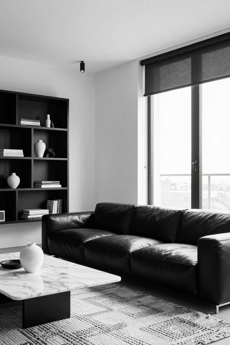 Black and white photo of a minimalist living room with a tall black open shelving unit containing books and ceramic vases, a black leather sofa, white marble coffee table on a patterned rug, and large windows with dark blinds.