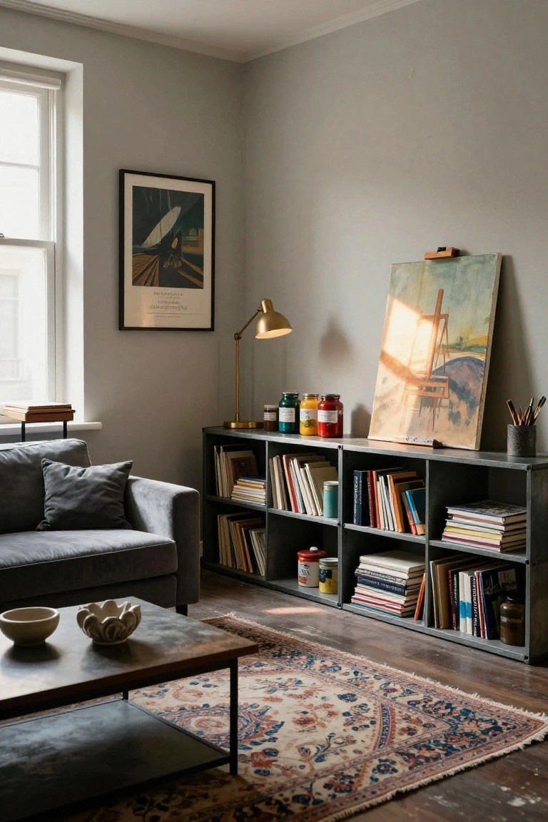 A cozy condo living room with light gray walls, a gray velvet sofa, black metal bookshelves filled with stacked books and colorful paint jars, an easel holding a landscape painting, and a window with blinds.