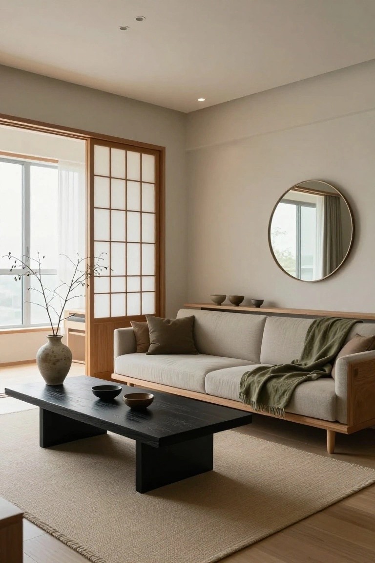 Modern condo living room featuring a light beige sofa with green throw, black wood coffee table with ceramic bowls, tall vase with branches, shoji screen door beside it leading to a window, round mirror on wall, and light wood floors.