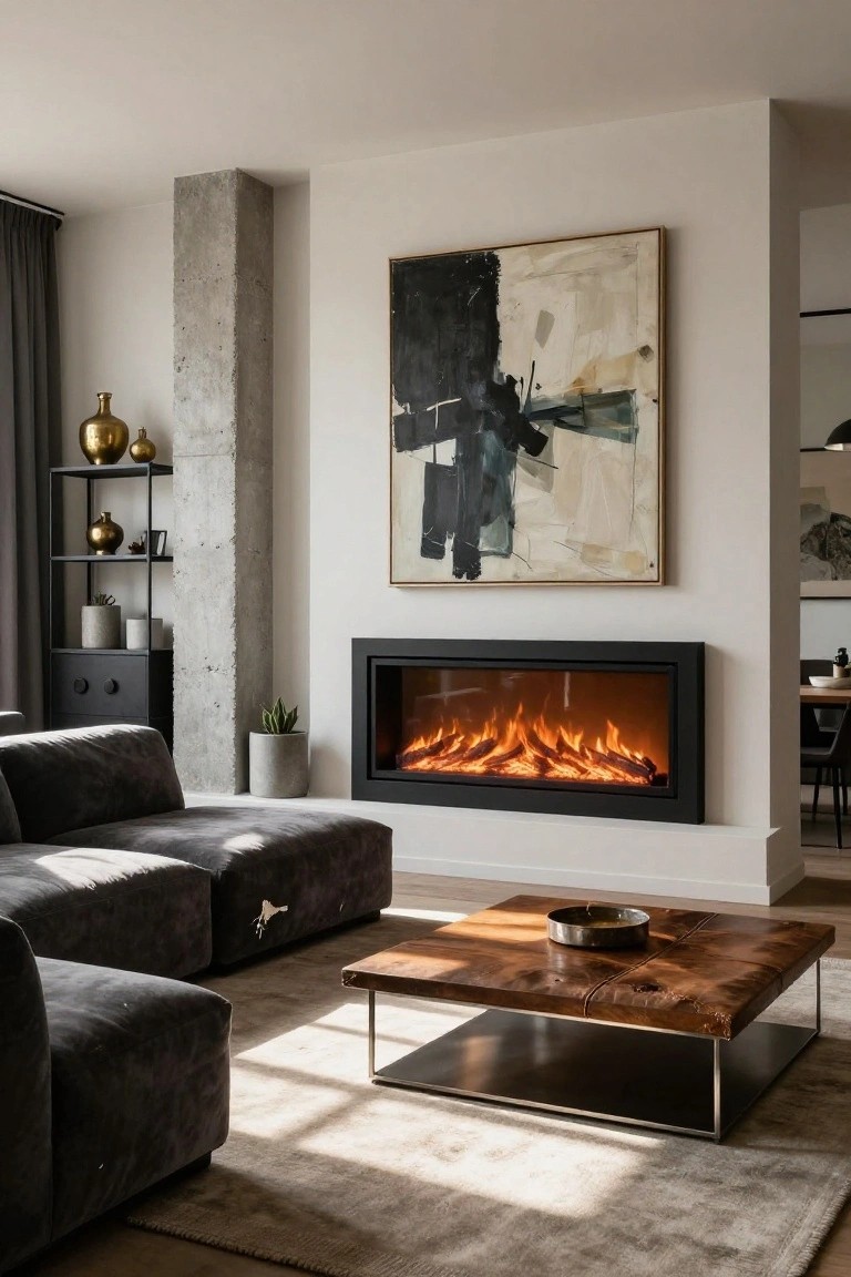 Modern living room with black linear electric fireplace on white wall next to exposed concrete pillar, gray L-shaped sofa, wooden coffee table with metal base, abstract painting above fireplace, and shelving unit.