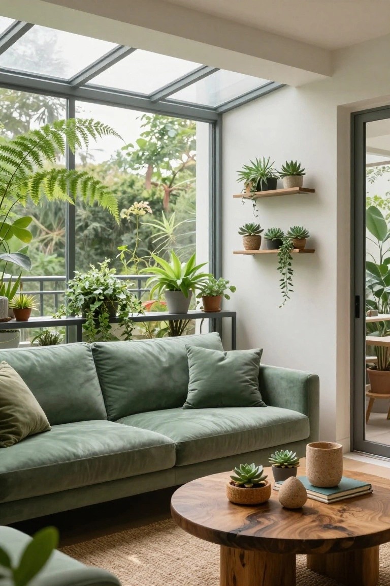 Living room with sage green velvet sofa, round wooden coffee table holding small potted plants and books, numerous indoor plants on shelves and windowsill, large glass walls and ceiling overlooking lush outdoor greenery.