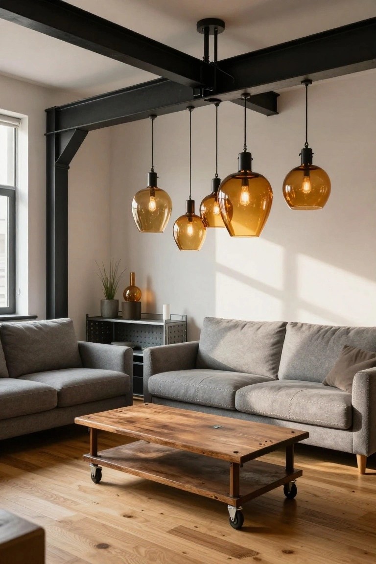 Loft living room with exposed black steel beams on white walls, cluster of amber glass pendant lights hanging above two gray fabric sofas and a low wooden coffee table on wheels atop light oak floors.