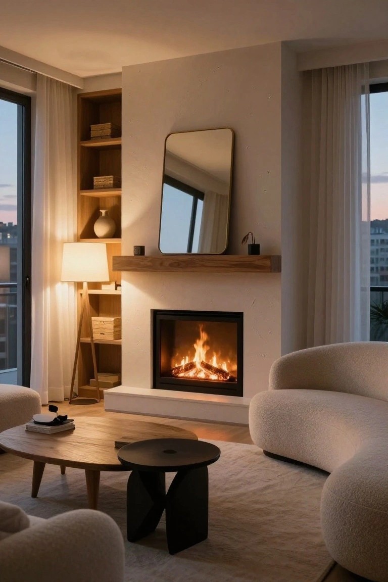Modern condo living room with gas fireplace on white wall accented by wooden mantel and built-in oak shelves, curved white bouclé sofa, wooden oval coffee table, black side table, tripod floor lamp, and large windows showing dusk cityscape.