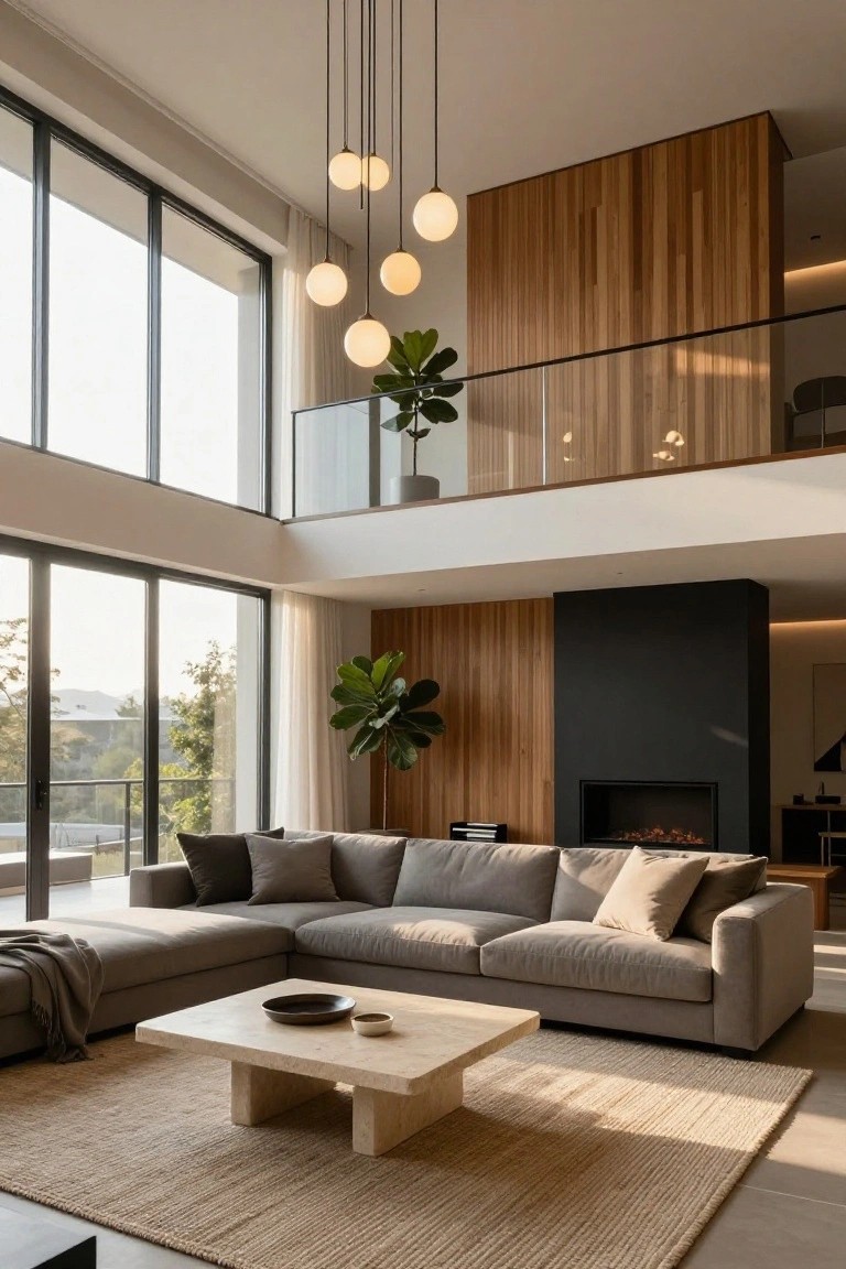 Spacious two-level modern living room with light vertical wood paneling on walls and balcony, gray L-shaped sofa, low travertine coffee table, linear gas fireplace, large windows and doors overlooking trees, hanging white globe pendant lights, and potted plants.