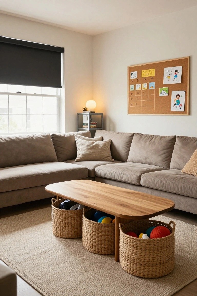 Cozy living room featuring a beige L-shaped sectional sofa, oval wooden coffee table with three large woven baskets underneath containing colorful toys, balls, and shoes, a cork bulletin board with a calendar and children's drawings on the wall, and a window with black roller shade.