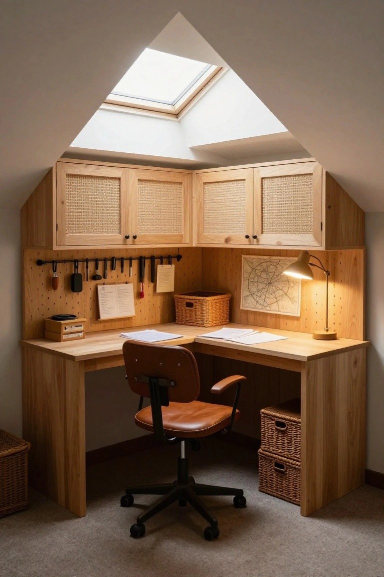 Wooden built-in desk and corner cabinets in an attic room with sloped ceilings, skylight overhead, desk chair, lamp, map on wall, and wicker storage baskets.