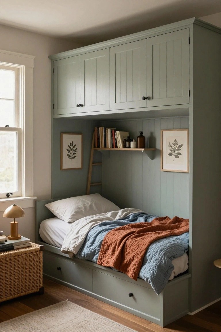 A sage green built-in wooden alcove with upper cabinets, ladder shelving holding books and bottles, a single bed with white sheets and colorful blankets, and framed leaf prints on paneled walls next to a window in a light room.