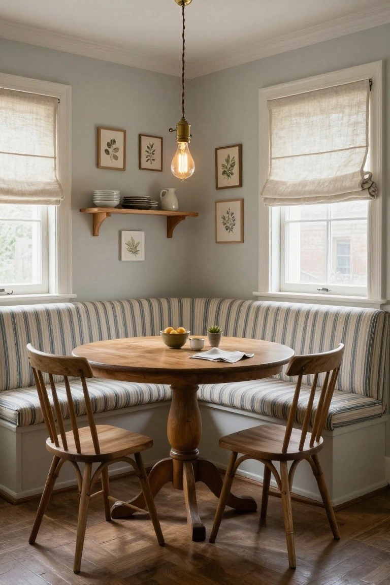 Light gray kitchen corner with built-in striped banquette seating, round wooden pedestal table holding lemons and a cup, two wooden chairs, wooden shelves with dishes and plants, linen window shades, and pendant light.
