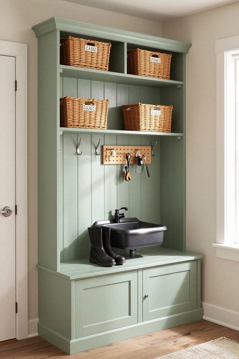 Sage green wooden corner cabinet in an indoor mudroom with wicker baskets labeled on shelves, hooks holding keys and tools, a black plastic sink, rubber boots on a bench seat, and lower cabinets.