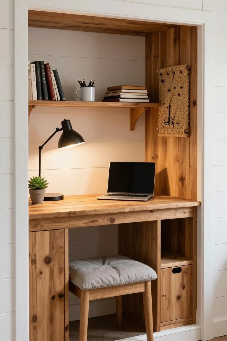 Wooden built-in desk nook recessed into white shiplap walls, with open shelves holding books and mug above a workspace featuring a closed laptop, black adjustable lamp, potted succulent, and drawers below a gray cushioned stool.