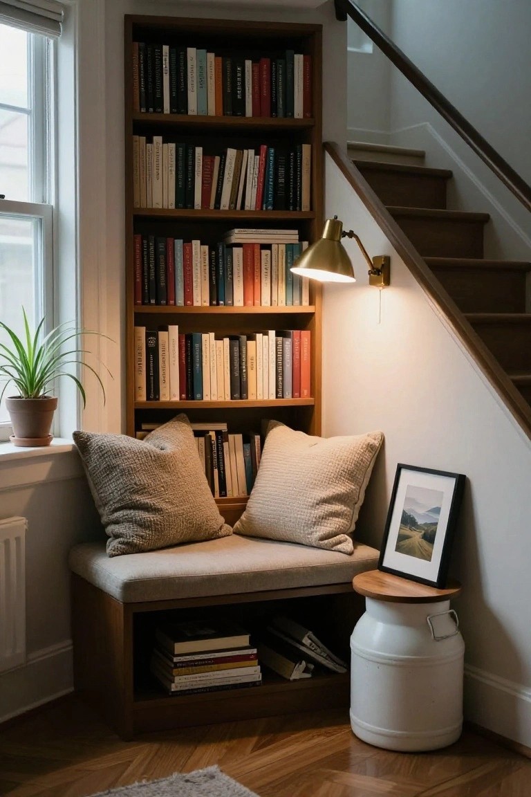 Wooden built-in bookshelves forming a corner unit with a cushioned bench seat, fluffy pillows, a potted plant on the windowsill, a framed photo, and a white milk can stool beside it, next to stairs and a window.